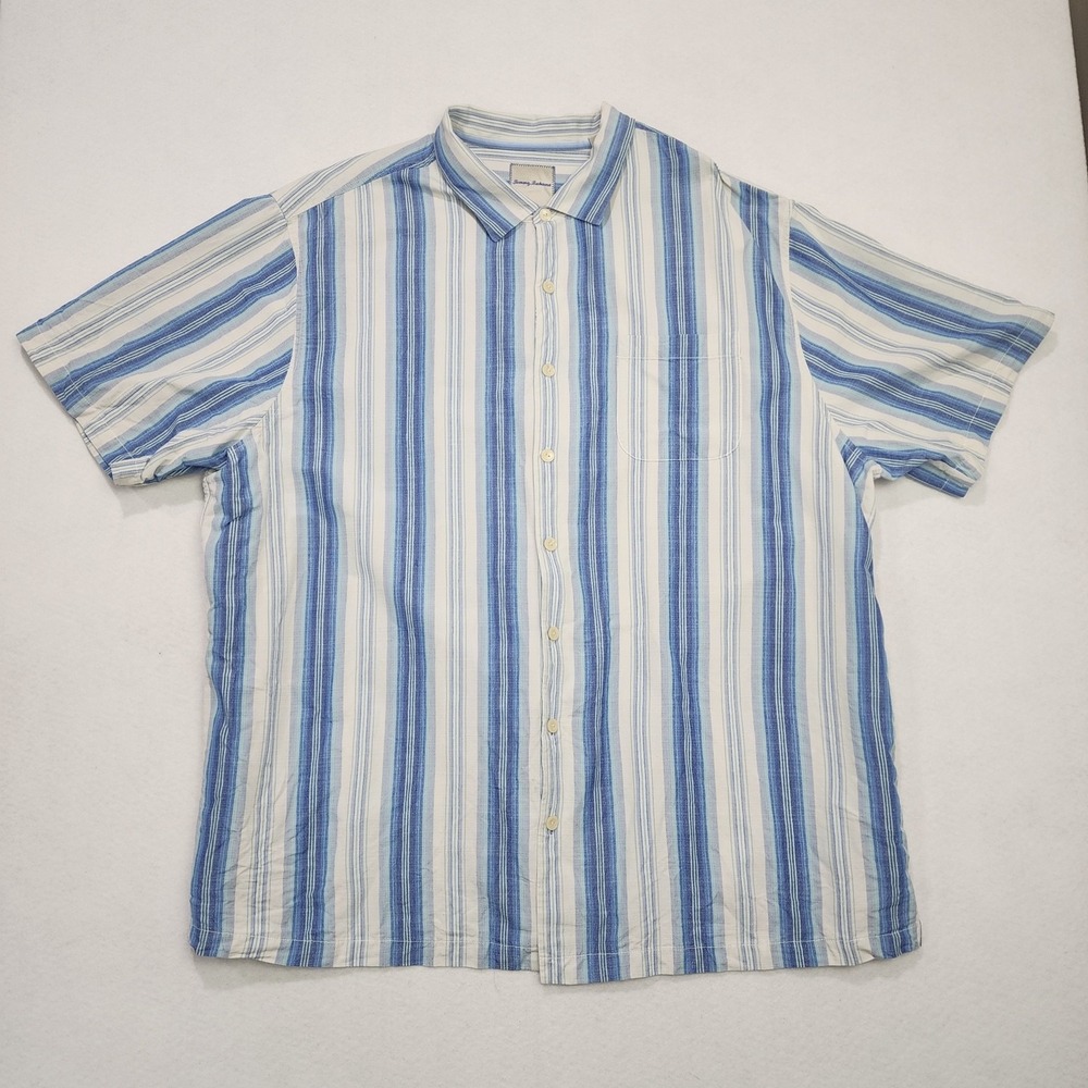 Tommy Bahama Shirt Mens 3XT Blue White Striped Silk Short Sleeve Button Front